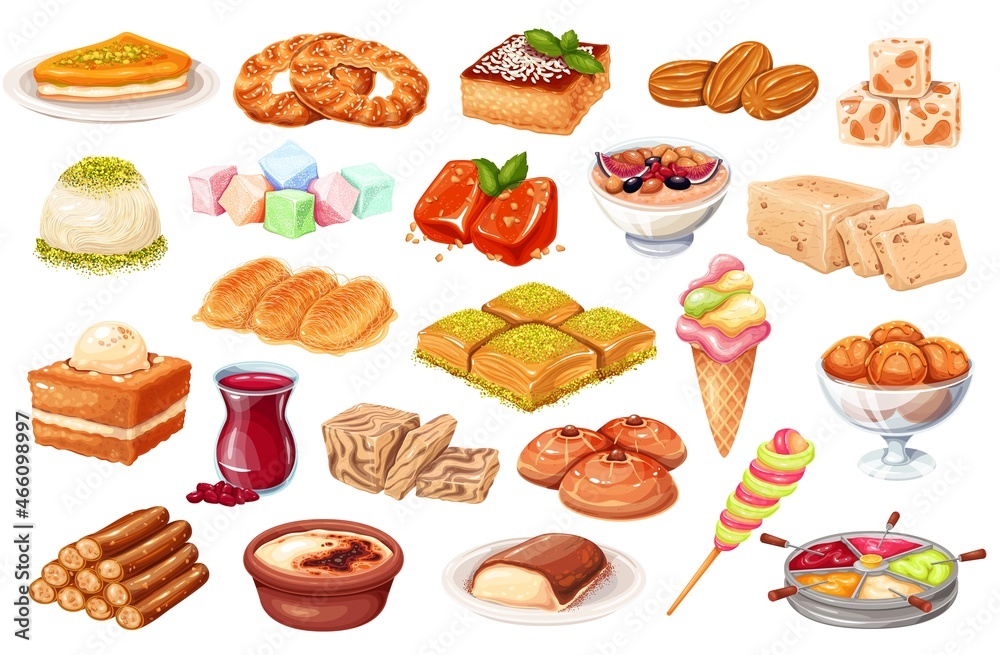 Turkish cuisine traditional dishes. Baklava, bagel simit, halva, rahat locum and ets. Sweet oriental delight vector illustration. Turkish cuisine traditional dishes. Baklava, bagel simit, halva, rahat locum and ets. Sweet oriental delight vector illustration.