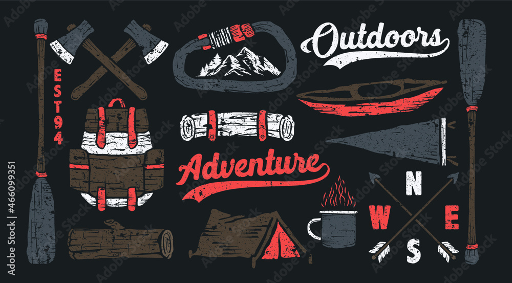 Obraz premium Vintage retro hiking camping outdoor adventure logo icon element set