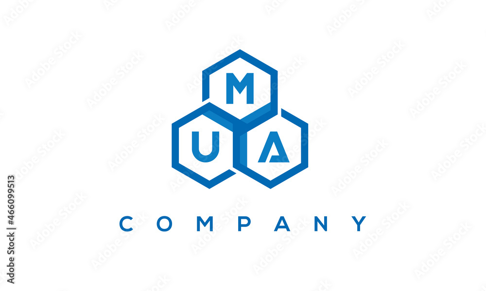 MUA letters design logo with three polygon hexagon logo vector template