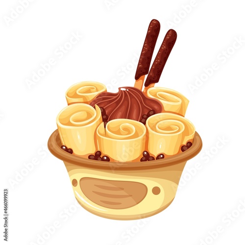 Thai ice cream roll with waffle vector illustration.