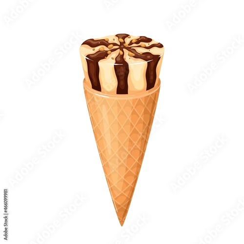Ice cream waffle cone mix chocolate vanilla with nuts vector illustration.