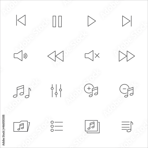Simple Set of Music Controls Related Vector Line Icons. Contains such Icons as Artist, Songs List, Mute and more. Editable Stroke.