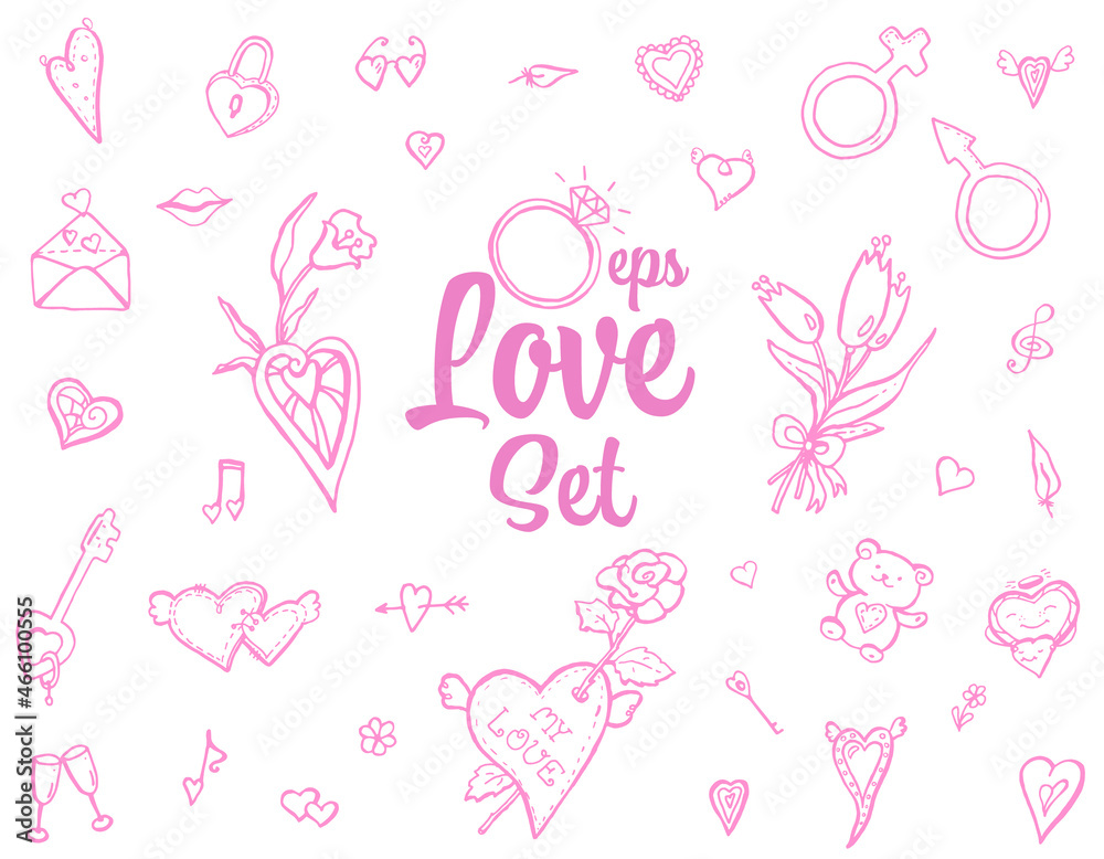 Love vector Set for a St Valentine's Day, wedding, engage. Vector elements: heart, toys, bouquets of flowers.