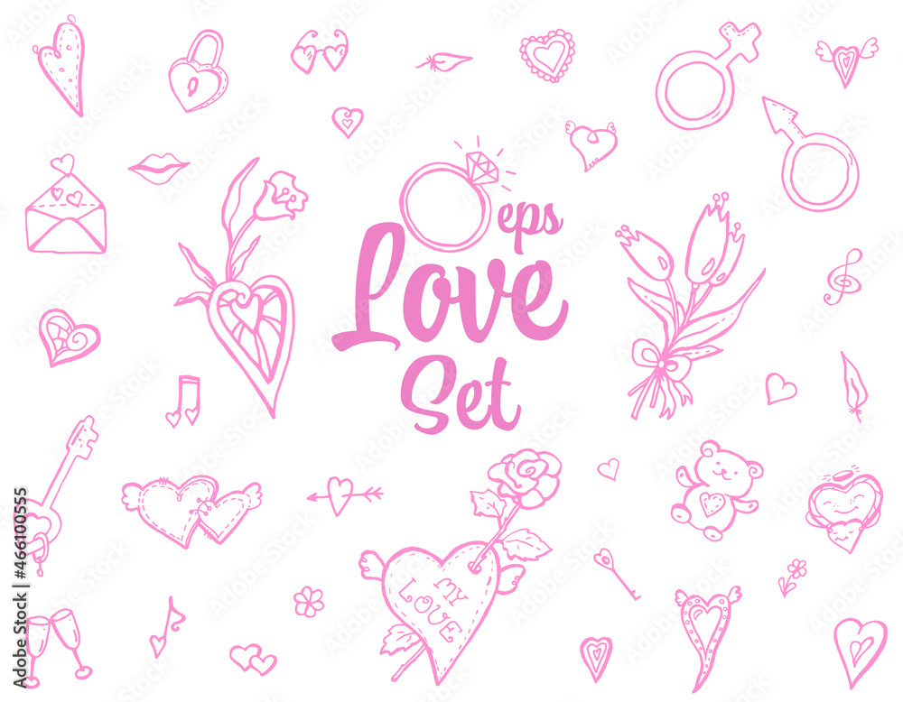 Love vector Set for a St Valentine's Day, wedding, engage. Vector elements: heart, toys, bouquets of flowers. Love vector Set for a St Valentine's Day, wedding, engage. Vector elements: heart, toys, bouquets of flowers.