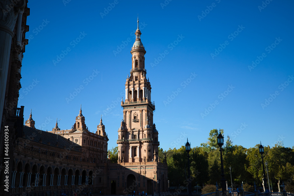 Detail of a tower in a square in the city of Seville in Spain.
