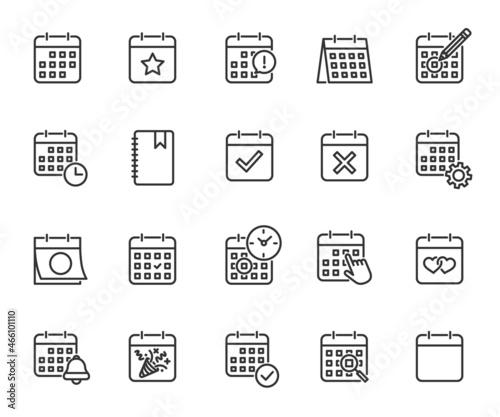 Vector set of calendar line icons. Contains icons date, appointment, schedule, holiday date, planning, diary, important day, reminder and more. Pixel perfect.