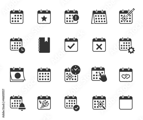 Vector set of calendar flat icons. Contains icons date, appointment, schedule, holiday date, planning, diary, important day, reminder and more. Pixel perfect.