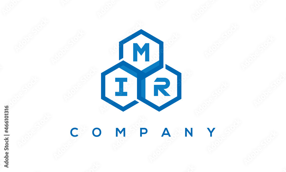 MIR letters design logo with three polygon hexagon logo vector template