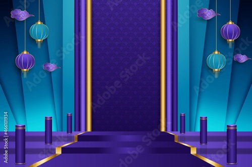 Happy chinese new year 2022 podium stage with blue and turquoise color design