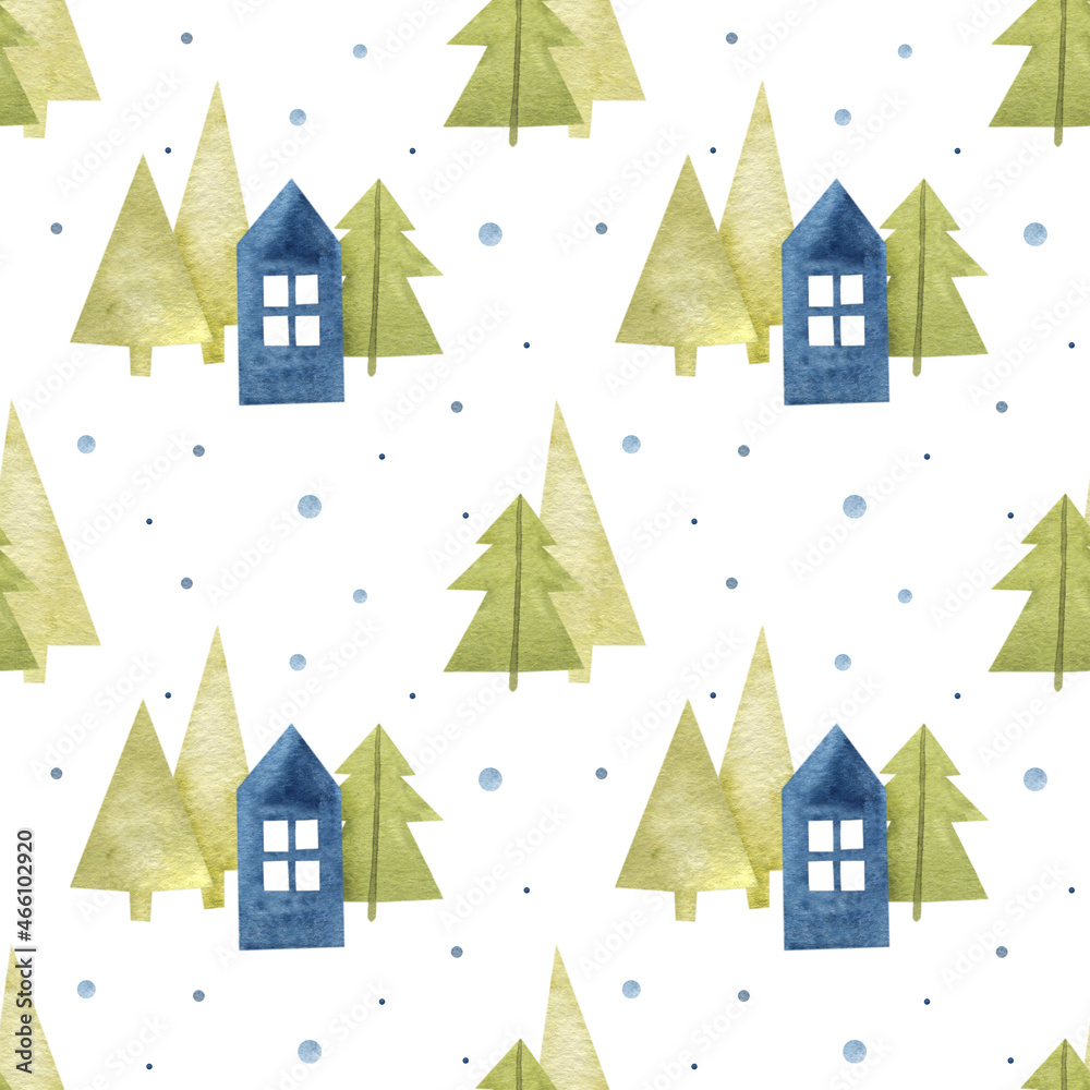 Watercolor seamless pattern with trees and houses. Winter illustration. Perfect for wallpaper, scrapbooking, textile, design.