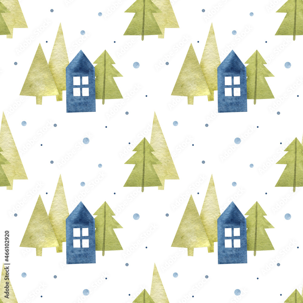 Watercolor seamless pattern with trees and houses. Winter illustration. Perfect for wallpaper, scrapbooking, textile, design. Watercolor seamless pattern with trees and houses. Winter illustration. Perfect for wallpaper, scrapbooking, textile, design.