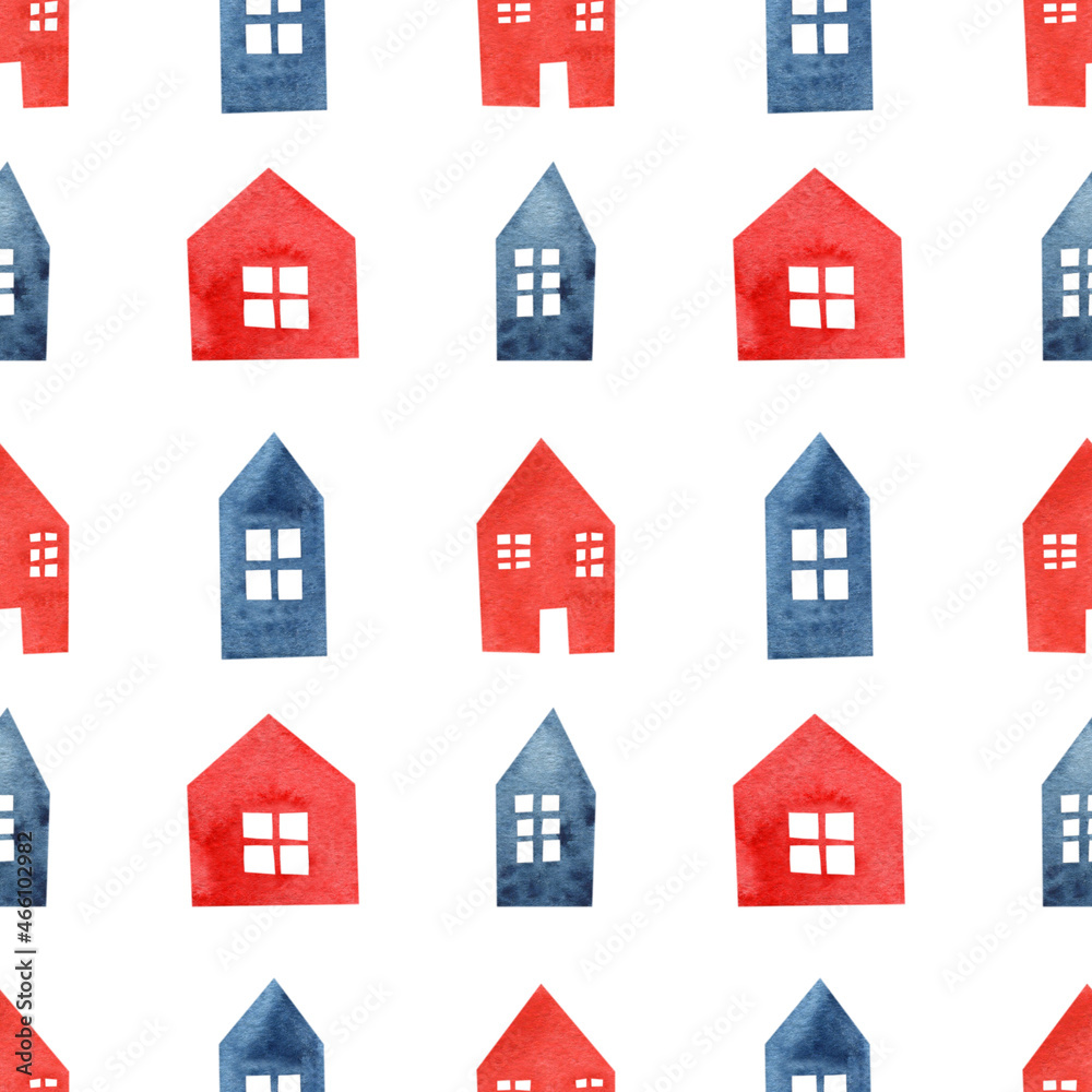 Watercolor seamless pattern with blue and red houses. Isolated on white background. The perfect pattern for textiles, postcards, packaging and design. Watercolor seamless pattern with blue and red houses. Isolated on white background. The perfect pattern for textiles, postcards, packaging and design.