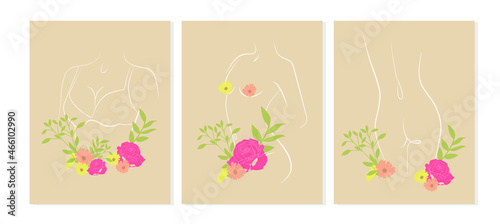 A banner of a beauty and women's health salon in a fashionable natural shade. Illustration of female body with flowers and leaves