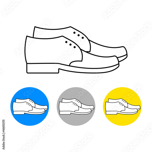 Men pair shoe. Simple linear outline icon with two men's boots and round small icons. Isolated vector illustration and clipart with male footwear on white background. 