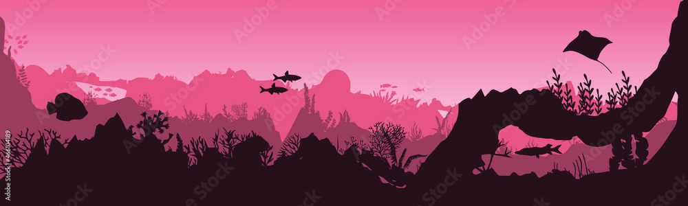 underwater scene, background from reef fish and algae. Vector underwater scene, background from reef fish and algae. Vector