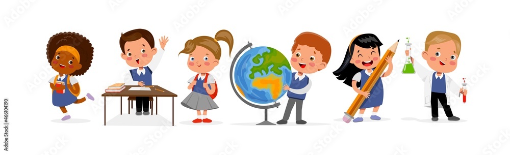 Vector flat cheerful school boys girls set Vector flat cheerful school boys girls set