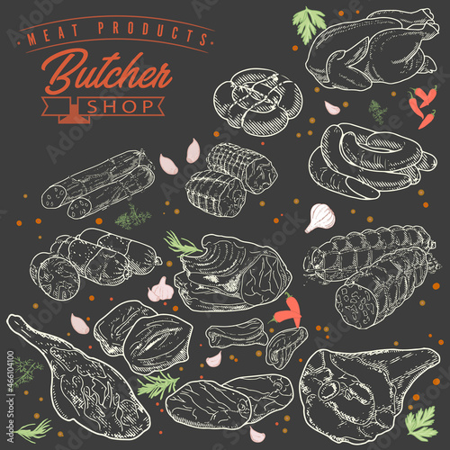 A set of meat products on a blackboard with chalk. Sausages, ham, bacon, lard, salami in sketch style.