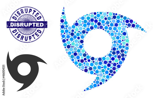 Circle mosaic hurricane icon and DISRUPTED round scratched stamp imitation. Violet stamp seal includes DISRUPTED text inside circle and guilloche structure. Vector mosaic is based on hurricane symbol,