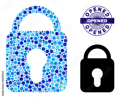 Circle composition locked icon and OPENED round corroded stamp imitation. Blue stamp includes OPENED caption inside circle and guilloche structure. Vector collage is based on locked icon,