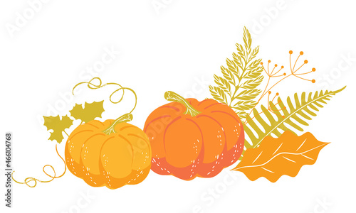 Vector image of the attributes of autumn - a bouquet of yellow leaves, ripe pumpkins and the slogan. A flyer, booklet, invitation, or poster for an autumn party, exhibition, or festival.