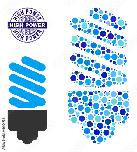 Rounded dot collage fluorescent bulb icon and HIGH POWER round dirty stamp seal. Violet stamp seal includes HIGH POWER text inside circle and guilloche style.