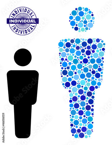 Circle mosaic man alone icon and INDIVIDUAL round corroded stamp print. Blue stamp includes INDIVIDUAL caption inside circle and guilloche technique. Vector mosaic is based on man alone icon,