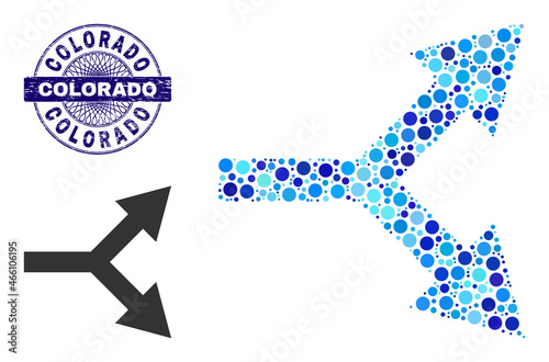 Circle composition bifurcation arrow right icon and COLORADO round textured stamp print. Blue stamp seal includes COLORADO title inside circle and guilloche style.