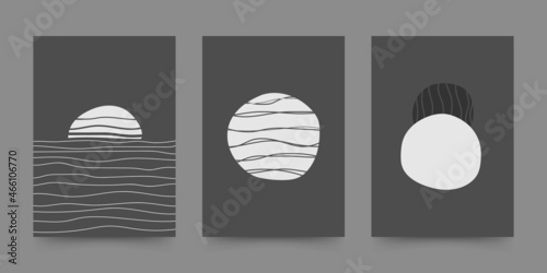 Abstract geometric hand drawn shapes set in mid century style. Sunset at sea, eclipse. Boho design for wall decoration, poster, print, cover, wallpaper. Minimal dark wall art. Vector