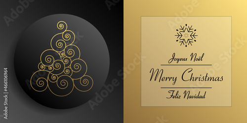2022- carte noire et or avec un graphisme de sapin original et de typographie classique - texte  français, anglais, espagnol - traduction : joyeux Noël.