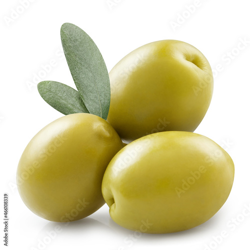 Delicious olives with leaves, isolated on white background