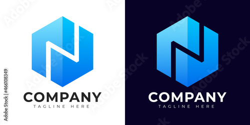 Modern gradient style letter n logo template. N letter design vector with colorful creative hexagon sign.