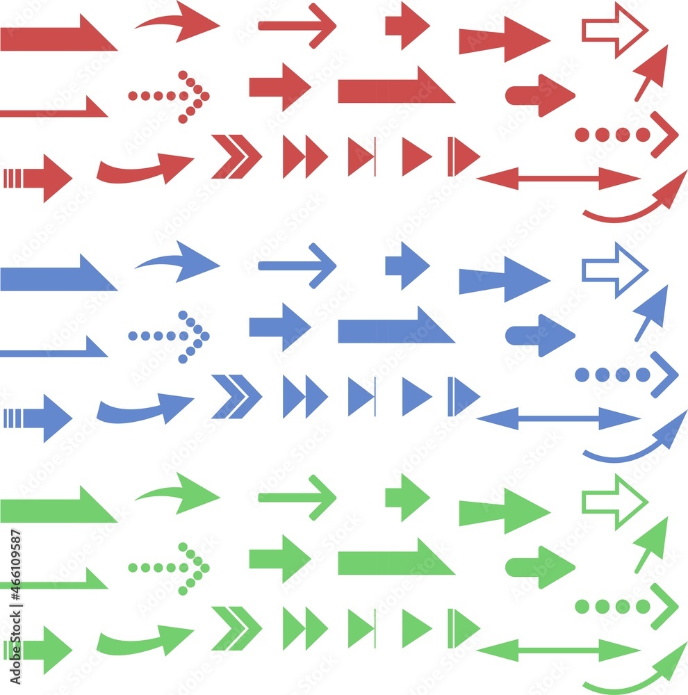 カラフルでかわいい、シンプルな赤青緑の矢印アイコンセット