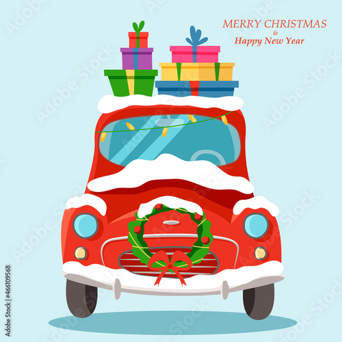Vintage car with gifts on top