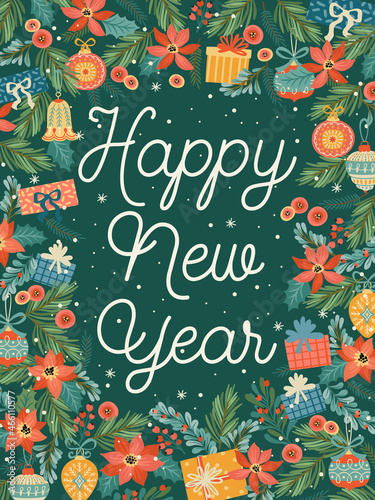 Christmas and Happy New Year poster with Christmas decorations.