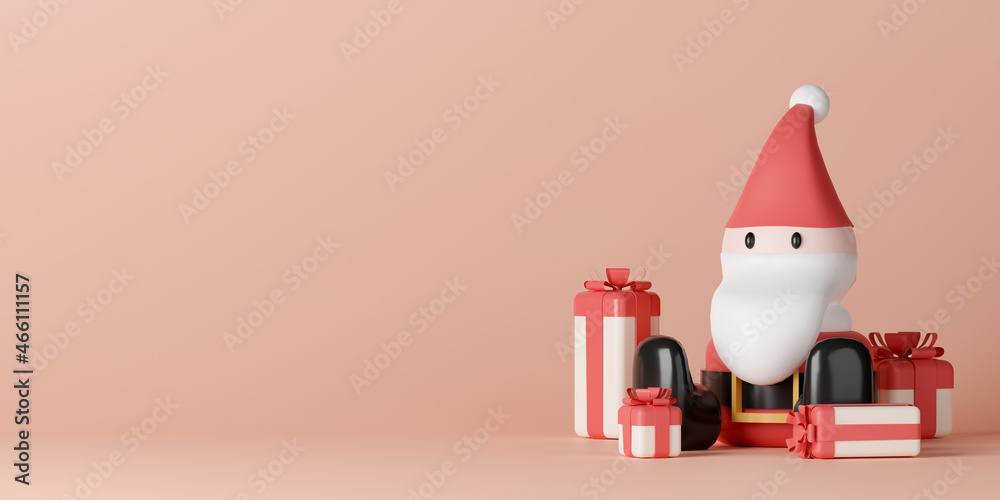 3d rendering Santa claus sitting among gift boxes on pink background with copy space for text and message.