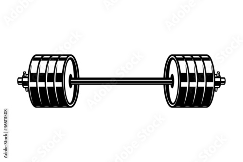 Illustration of gym barbell in vintage monochrome style. Design element for logo, label, sign, emblem, poster. Vector illustration