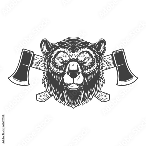Bear with axes. Design element for poster, emblem, sign, logo, label. Vector illustration