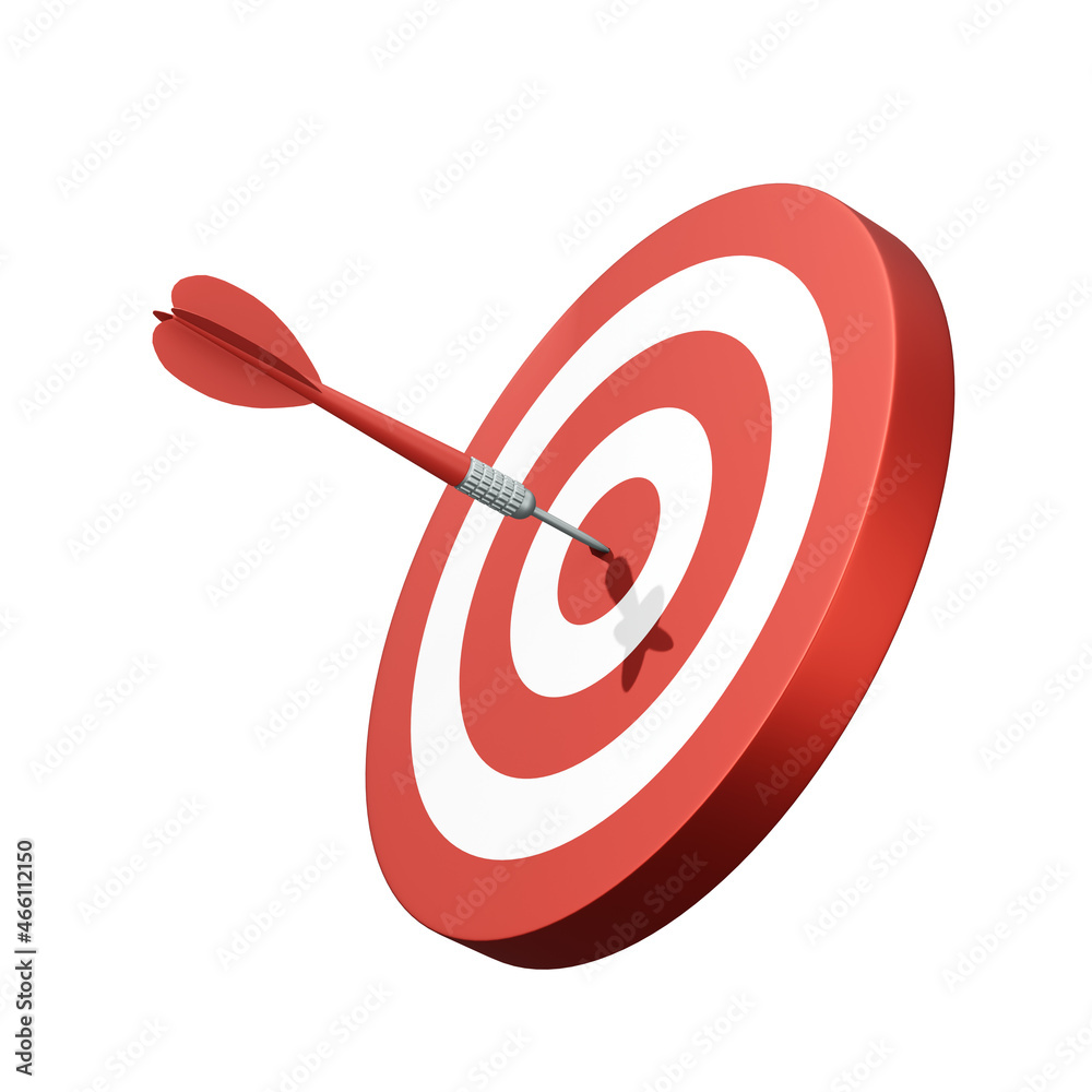Red dart hit on dartboard on white background. Business target concept. 3D rendering and illustration with clipping path.