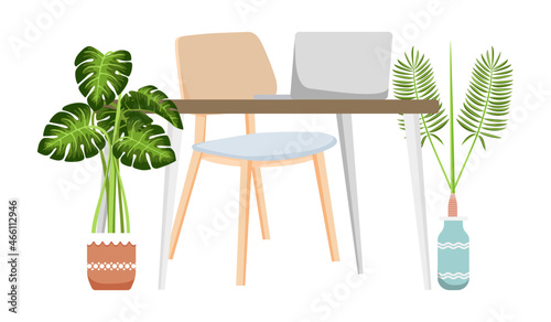 Modern beautiful desk for home office with chair table and house plants