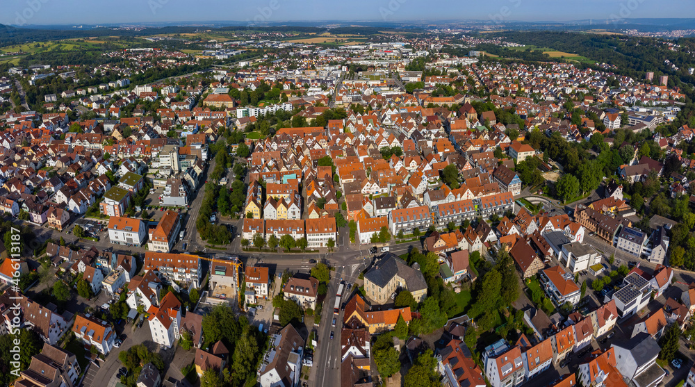 Aerial view of  the old town of the city Kirchheim unter teck in Germany, Baden-Württemberg on a sunny morning day in summer.