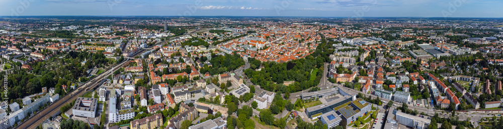 Aerial view around the city Augsburg in Germany, Bavaria on a sunny summer day.