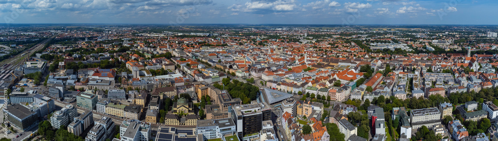 Aerial view around the city Augsburg in Germany, Bavaria on a sunny summer day.