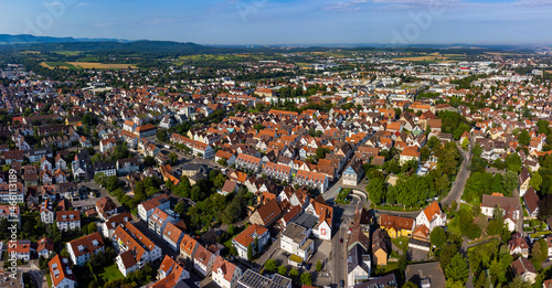 Aerial view of the old town of the city Kirchheim unter teck in Germany, Baden-Württemberg on a sunny morning day in summer.