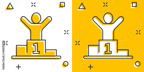People win icon in comic style. Champion on podium cartoon vector illustration on white isolated background. Award ceremony splash effect business concept.