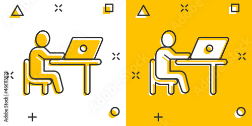 People with laptop computer icon in comic style. Pc user cartoon vector illustration on white isolated background. Office manager splash effect business concept.