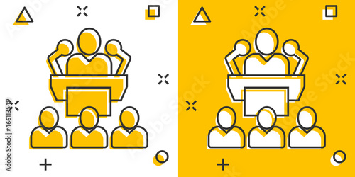 People on podium icon in comic style. Speaker cartoon vector illustration on white isolated background. Audience orator splash effect business concept.