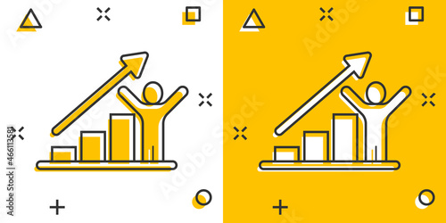 People with growth arrow icon in comic style. Work strategy cartoon vector illustration on white isolated background. Office training splash effect business concept.