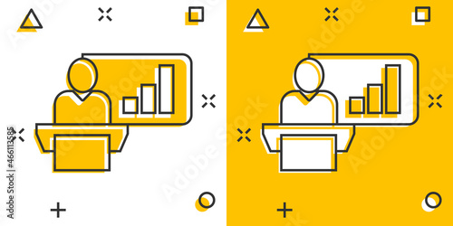 People on podium icon in comic style. Speaker cartoon vector illustration on white isolated background. Audience orator splash effect business concept.
