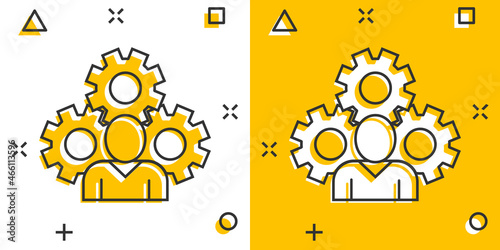 People with gear icon in comic style. Person cogwheel cartoon vector illustration on white isolated background. Teamwork splash effect business concept.