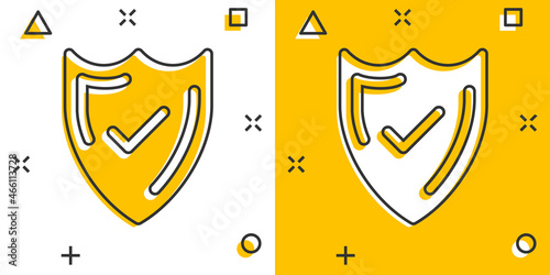 Shield with check mark icon in comic style. Protect cartoon vector illustration on white isolated background. Checkmark guard splash effect business concept.